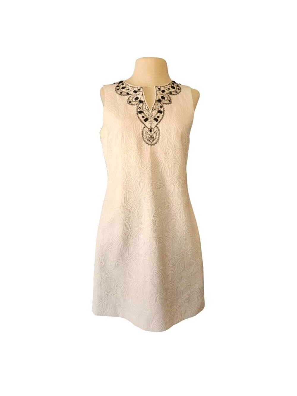 Sheath Dress Floral Imprint Material with Black Embroidery Accented Neckline